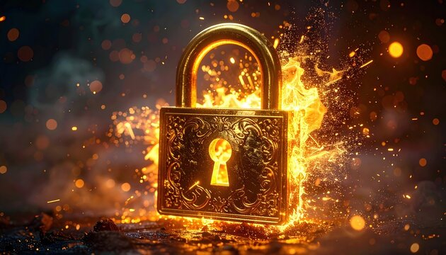 Ornate vintage golden padlock bursting open with glowing sparks representing security breach and unlocking potential
