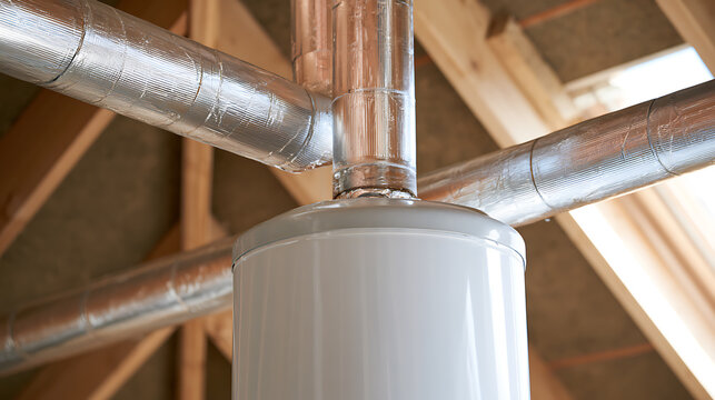 Modern HVAC system installation in a domestic attic with insulated metal ventilation ducts and a water heater tank for efficient home cli