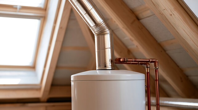 Modern hot water heater with metal exhaust pipe and copper plumbing installed inside a bright attic room with wooden roof beam structure