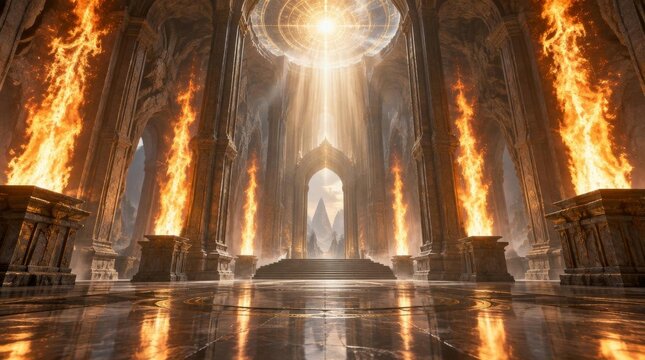 Majestic ancient temple interior with glowing fire altars and divine light