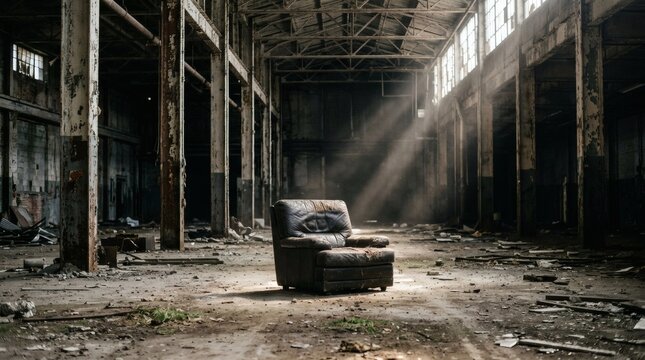 Old leather armchair in abandoned industrial factory with dusty sun rays, symbolizing decay and solitude