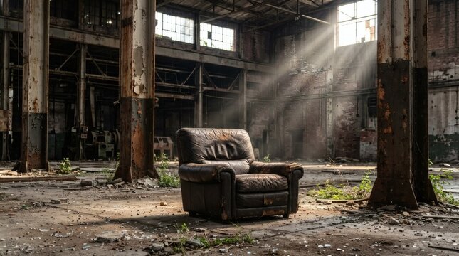 Lonely old leather armchair in a dusty abandoned factory building, with dramatic sunbeams cutting through broken windows.