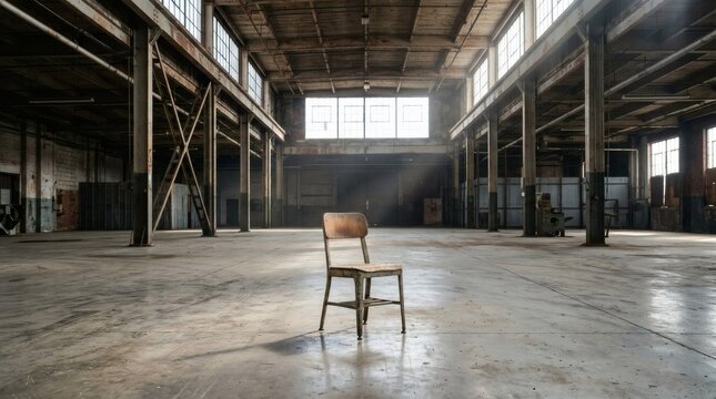 Old wooden chair in an empty abandoned industrial warehouse with large windows and dusty sunlight