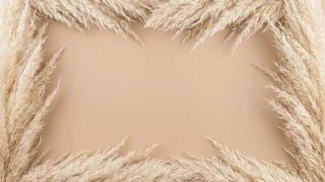 Pampas grass frame border on beige background flat lay mockup