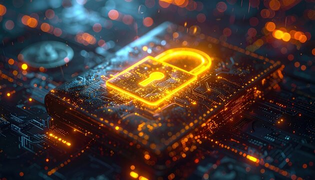 Digital crypto wallet security concept with glowing yellow padlock and financial data connections