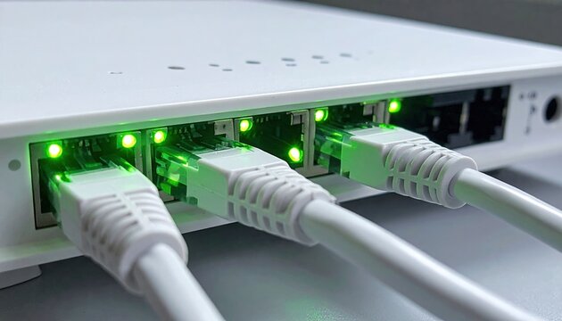 White internet router with green indicator lights and four Ethernet cables connected to modern networking equipment