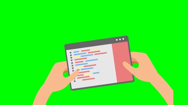 Animated hands holding a tablet with code on a green screen background