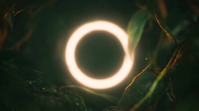 Glowing circular light ring in dark lush jungle foliage with wet leaves