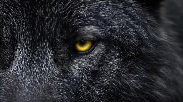 Close up of a black wolf blinking its bright yellow eye in the wild