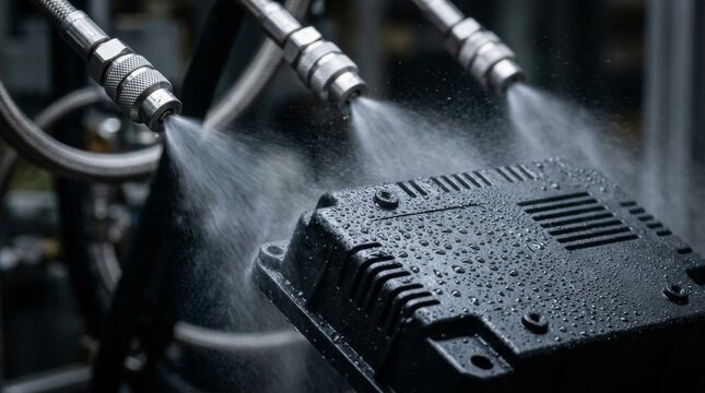Industrial nozzles spraying water onto metal part inside manufacturing plant