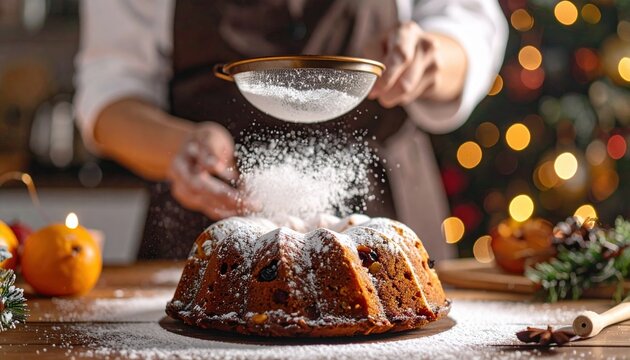 Baker dusting powdered sugar over traditional fruitcake using copper sieve in warm festive kitchen