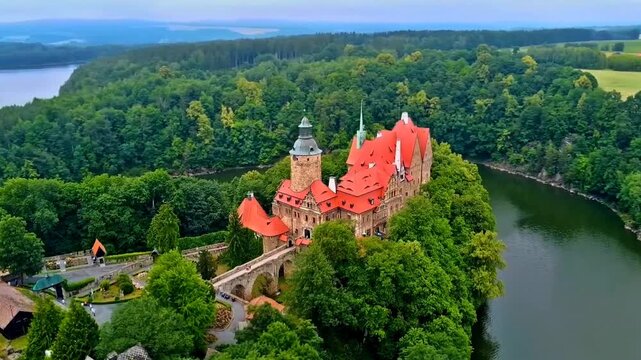Aerial Drone View of Czocha Castle Surrounded by Forest and Lake in Poland