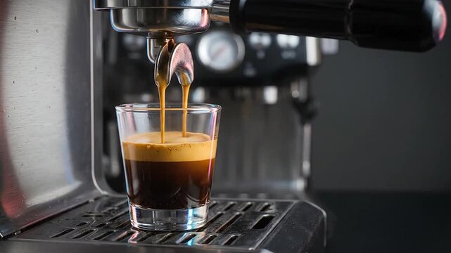 Espresso coffee pouring from professional machine into glass cup