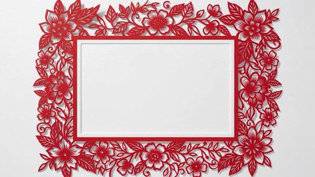 Red picture frame on white wall with growing floral paper cut animations