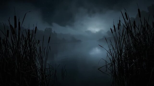 Full moon glowing over misty lake at night with silhouettes of reeds framing water ripples