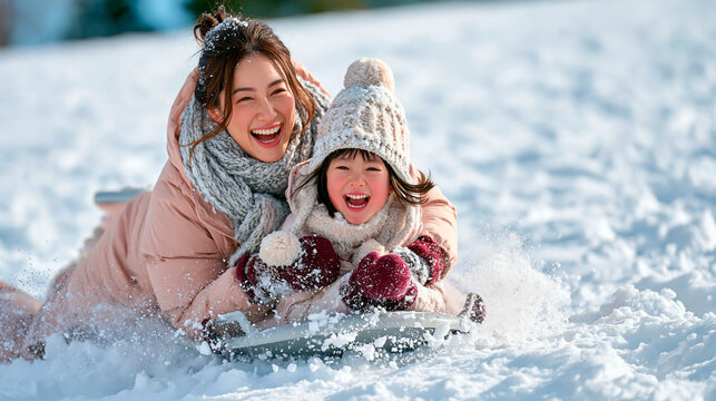 Happy mother and daughter sledding together on snowy hill, laughing and enjoying winter fun, family bonding, outdoor recreation and joyful childhood