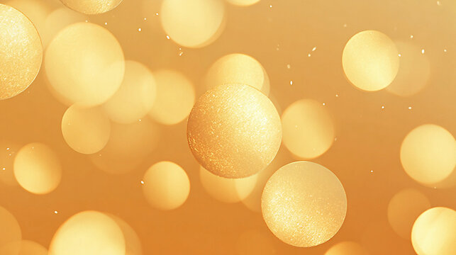 Golden glowing spheres with shimmering textured surfaces floating among soft bokeh circles and tiny sparkling particles in a warm orange abstract background