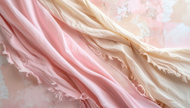 Pastel pink and beige fabric strips with frayed edges flowing diagonally across decorative wall