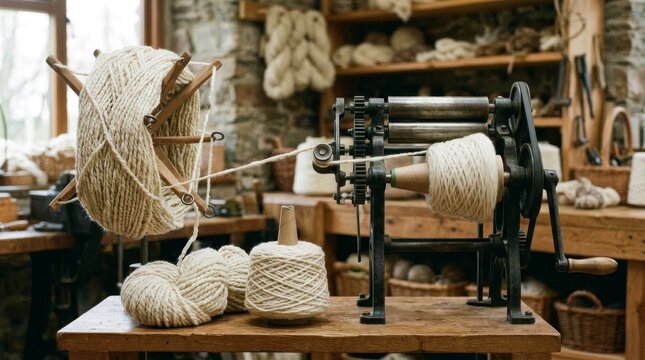 Vintage wooden wool spinning equipment and yarn in rustic workshop