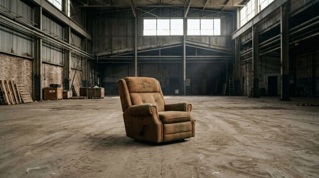 Old worn recliner chair sitting alone in a vast, empty abandoned industrial warehouse or factory building with large windows and concrete floor.