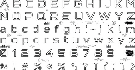 Futuristic tech alphabet font set with numbers symbols and digital circuit line elements © Ponngu