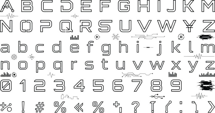 Futuristic tech alphabet font set with numbers symbols and digital circuit line elements