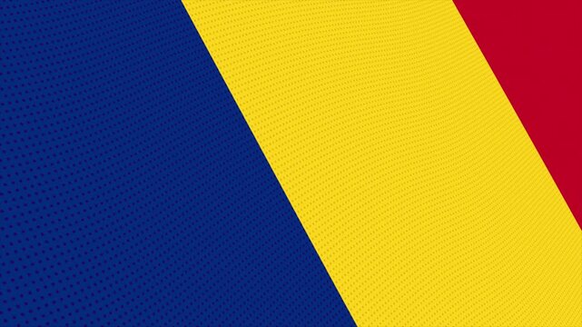 Flag of Romania waving slowly in the foreground and moving upwards.