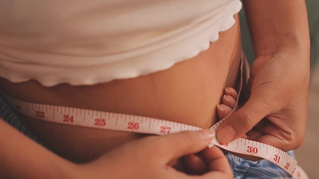 fat woman, fat belly, chubby, obese woman hand holding excessive belly fat with measure tape, woman diet lifestyle concept