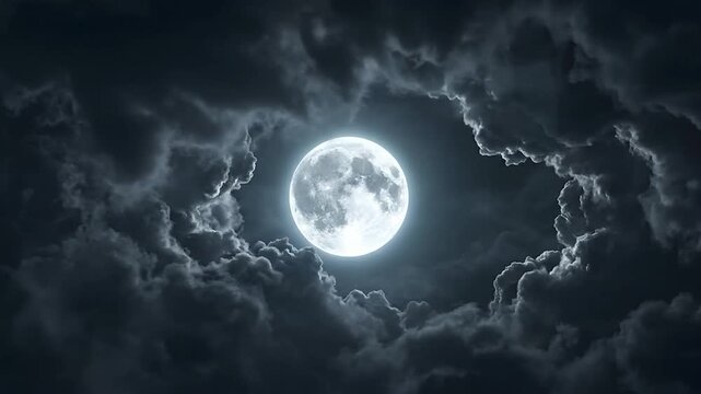 Full moon shining brightly through dark dramatic night clouds