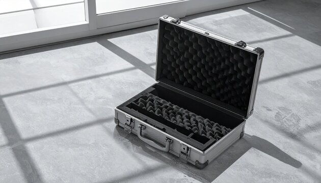 Open silver aluminum briefcase with black protective foam interior resting on concrete floor beneath window