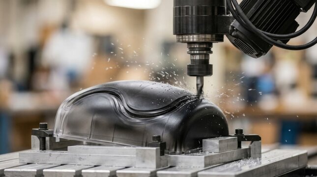 CNC milling machine cutting dark plastic component with flying debris