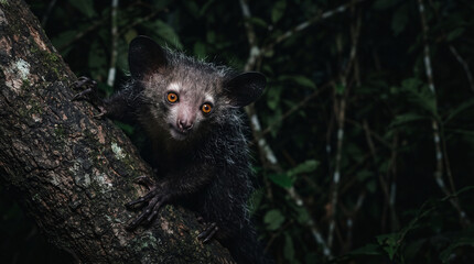 Fototapeta premium Aye-aye on a Tree Branch at Night: A unique aye-aye, a nocturnal primate with striking orange eyes and shaggy fur, clings to a tree branch in a dark forest.