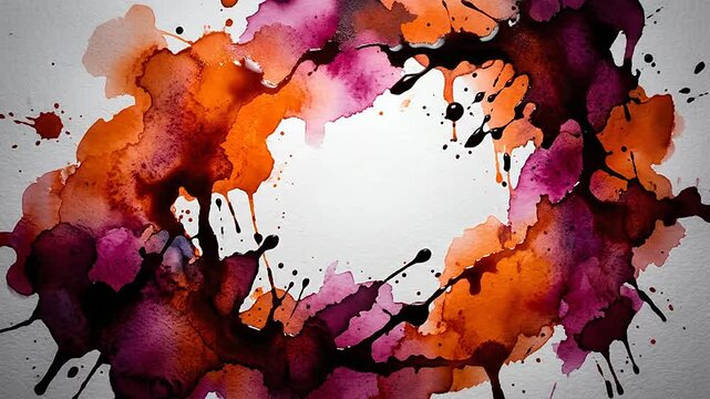 Vibrant watercolor paint bleeding and spreading on white paper creating abstract frame border