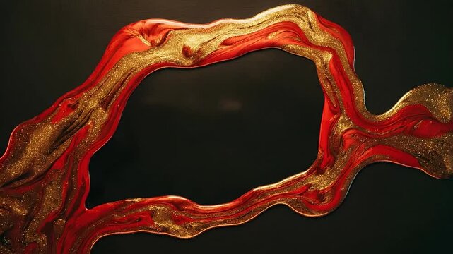 Red and gold liquid paint flowing frame on dark background