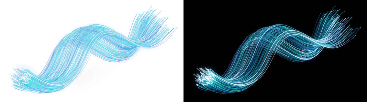 Twisted Cable of glowing cyan strands spirals with sparkle ends for tech design in PNG, Transparent and Black Background Versions