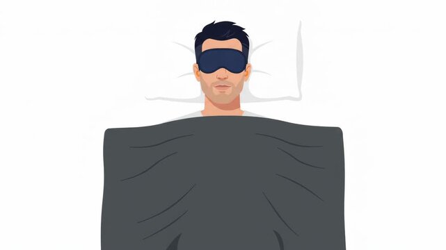 Man sleeping peacefully in bed with a dark eye mask and blanket, top view illustration.