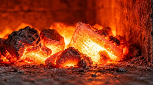 Glowing hot coals burn brightly inside a dark brick fireplace