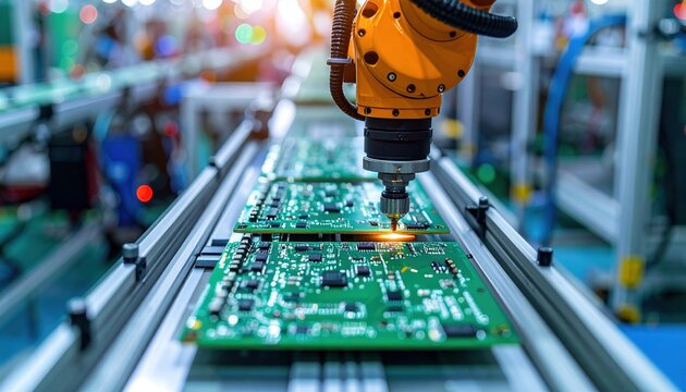 Robotic arm with vision lenses inspecting printed circuit boards moving along conveyor belt in electronics factory