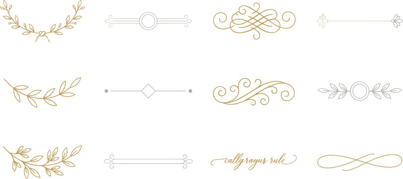 Elegant Vintage Calligraphy Text Dividers and Line Border Vector Set Featuring Flourish Swirls Laurel Wreaths Leaves and Ornate Paragraph Separators for Invitation Designs
