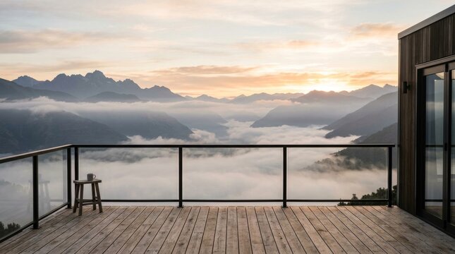 Modern wooden terrace balcony overlooking misty mountain valley sunrise landscape
