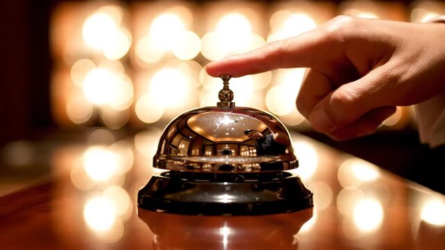 Service bell on polished hotel reception desk with warm bokeh background