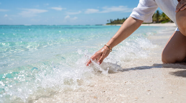 Tropical Paradise Touch: A person's hand gently touches the crystal-clear turquoise water lapping onto a pristine white sand beach.