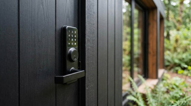Modern electronic smart lock with digital keypad installed on dark wooden door exterior