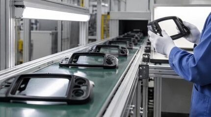 Fototapeta premium Worker inspecting plastic automotive dashboard parts on a modern assembly line factory