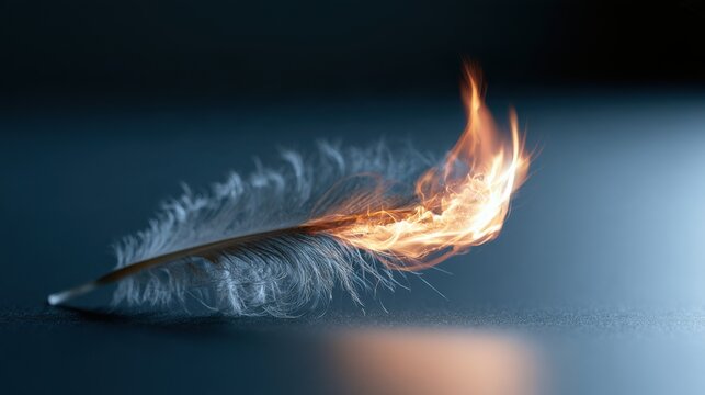 A single feather with its tip engulfed in a vibrant flame, casting an ethereal glow on a dark, reflective surface