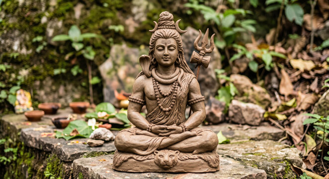 A terracotta clay idol of lord shiva sitting in meditation with trident and damru on a rustic stone altar in nature.