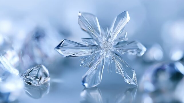 A close-up macro shot of a delicate ice crystal, resembling a snowflake, shimmering with intricate geometric patterns against a soft, cool blue background.