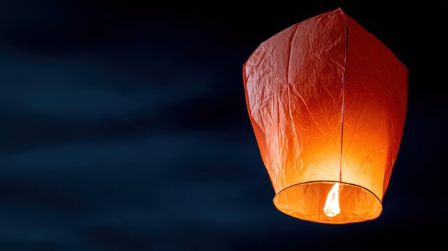 A bright orange sky lantern glows as it ascends into the dark night sky, carrying wishes into the heavens. The warm light emanates from within.