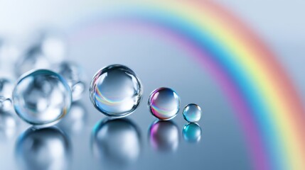 Fototapeta premium Close up of water droplets and a subtle rainbow effect. The droplets reflect light and show vibrant colors.
