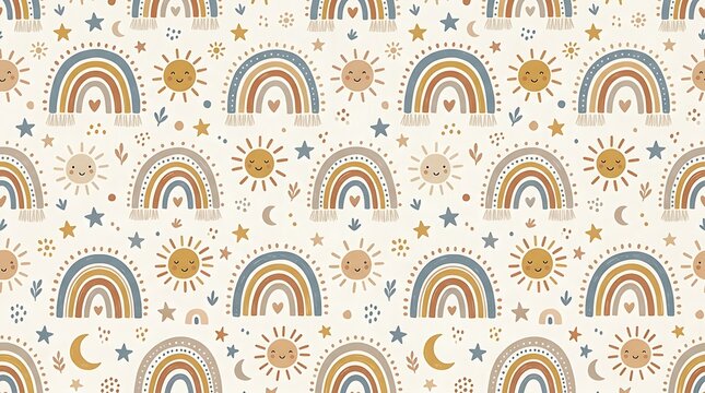 Seamless pattern with cute boho style rainbows and smiling suns for kids.